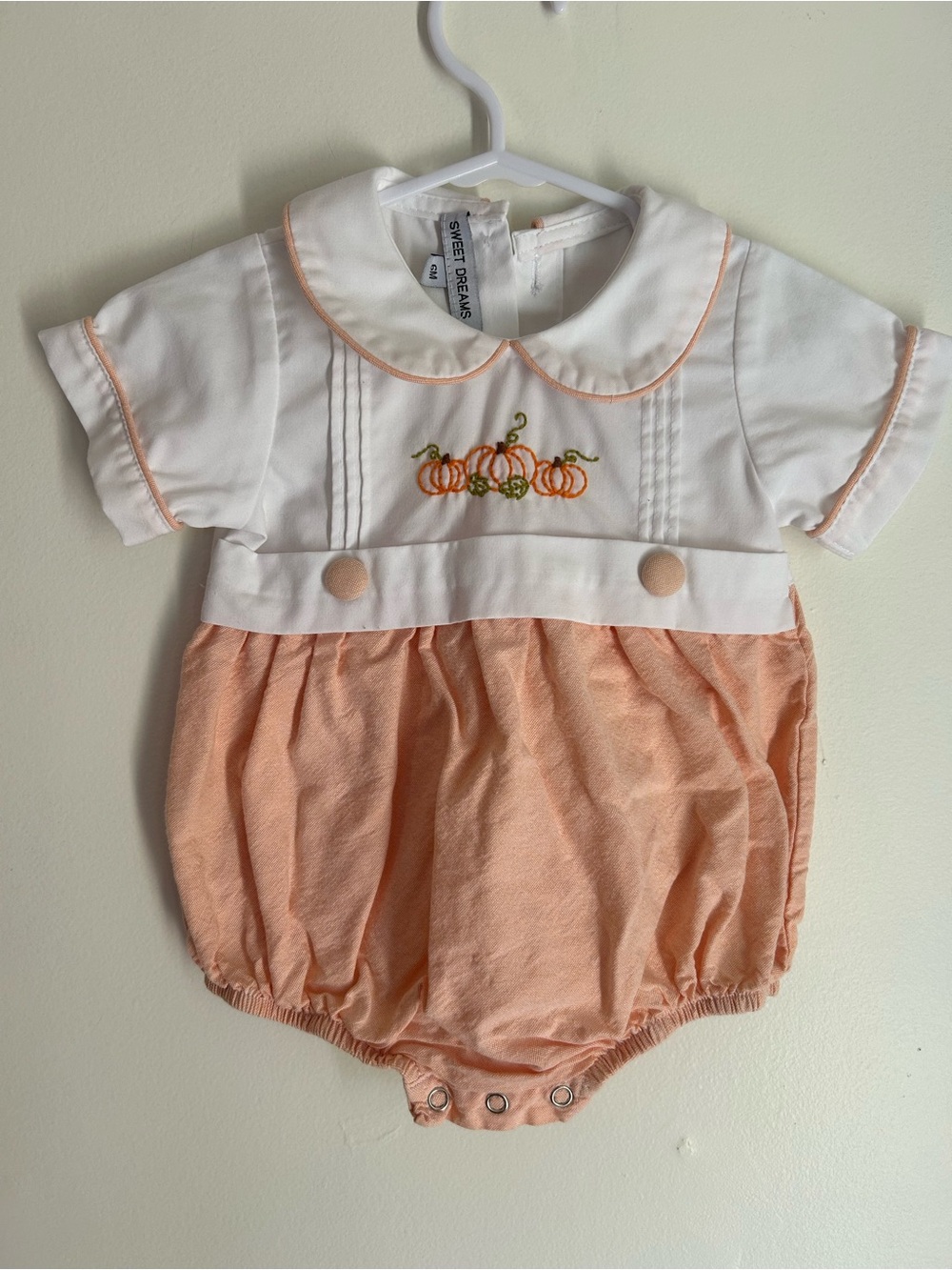 Sweet Dreams Peach & White Pumpkin Embroidered Bubble Romper